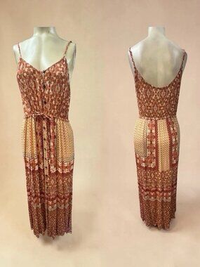 Patrons Of Peace, Long Dress,Brown,Sz M,Rayon,V Neck,Sleeveless,Buttons,Print.!